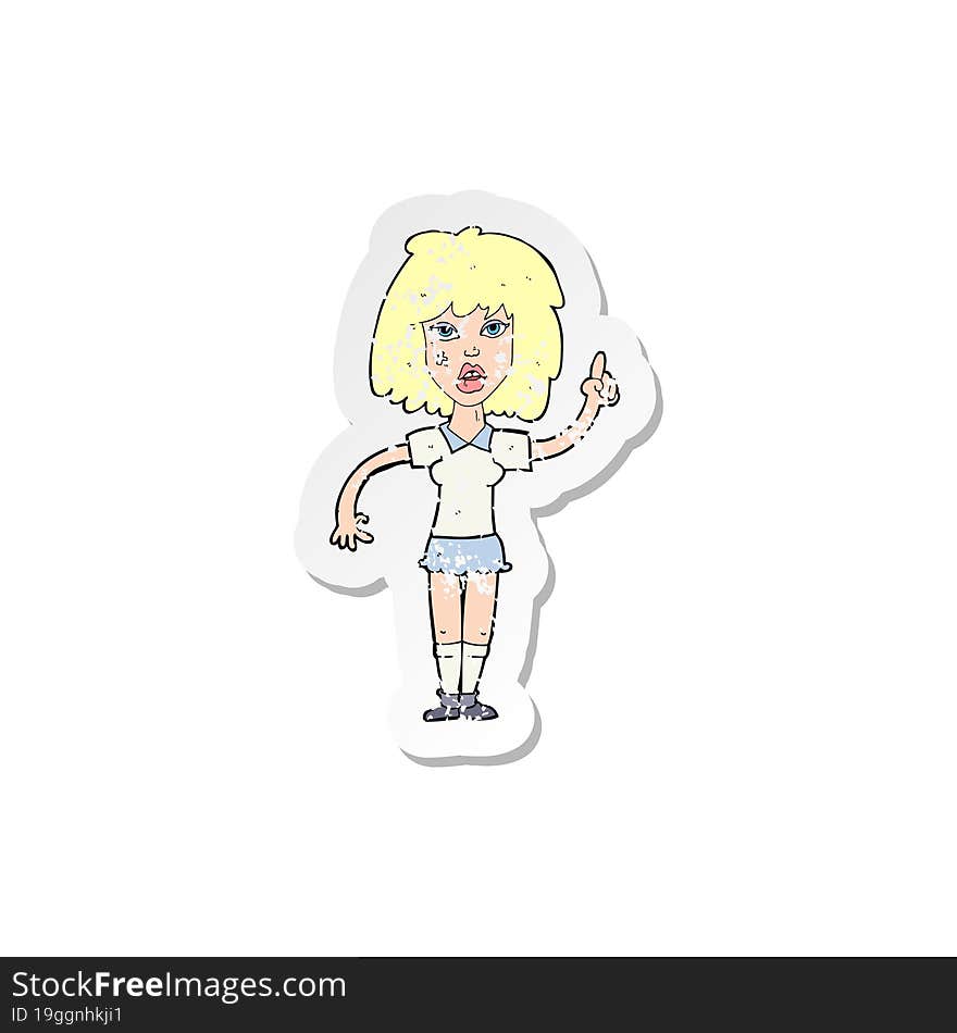 retro distressed sticker of a cartoon tough woman with idea