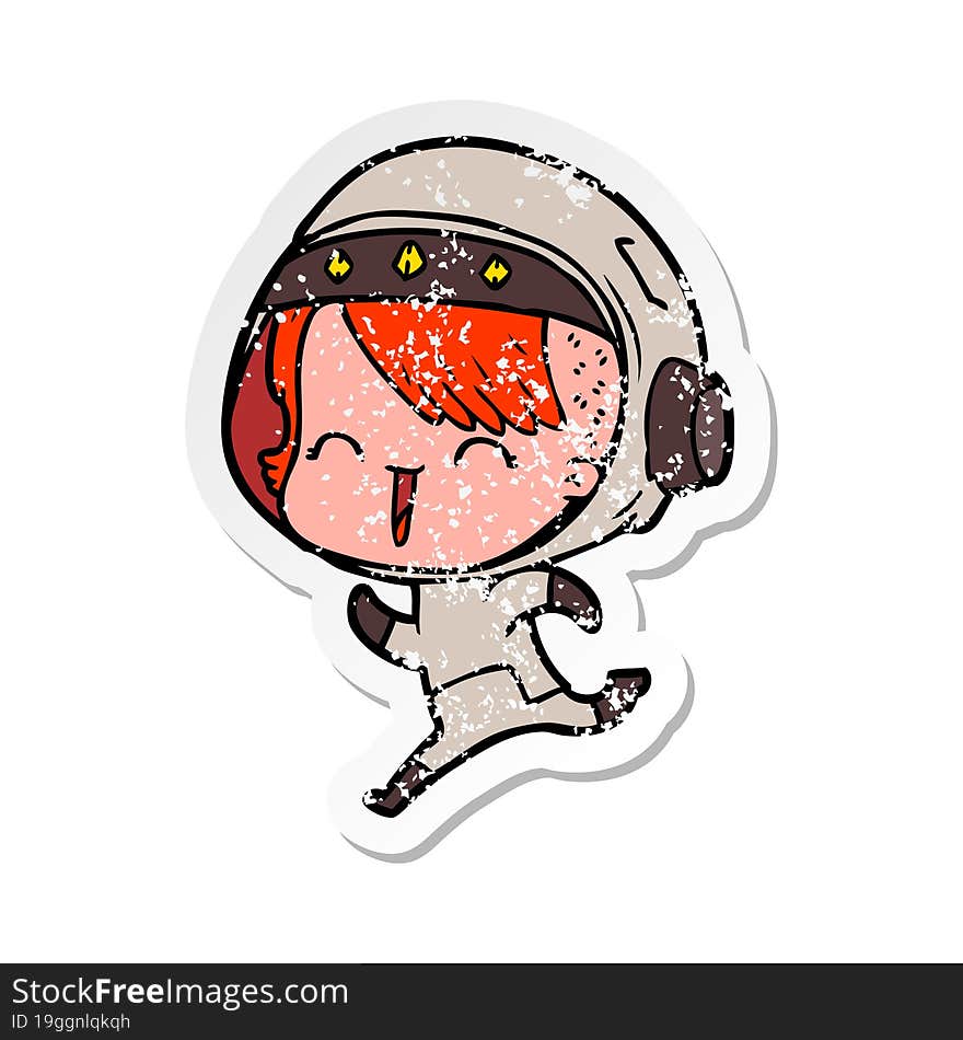 distressed sticker of a happy cartoon space girl