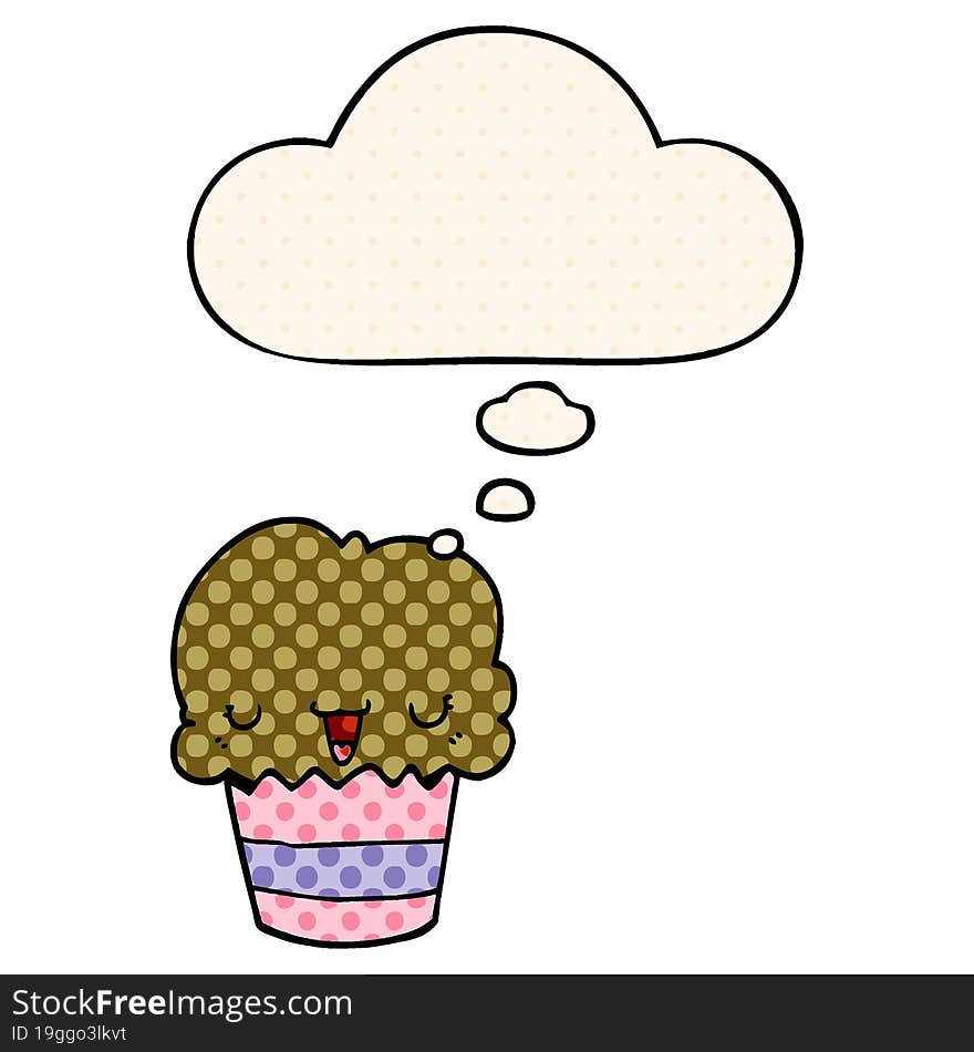 cartoon cupcake with face with thought bubble in comic book style