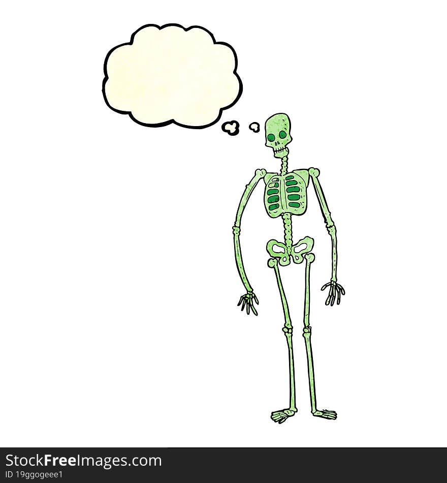 cartoon spooky skeleton with thought bubble