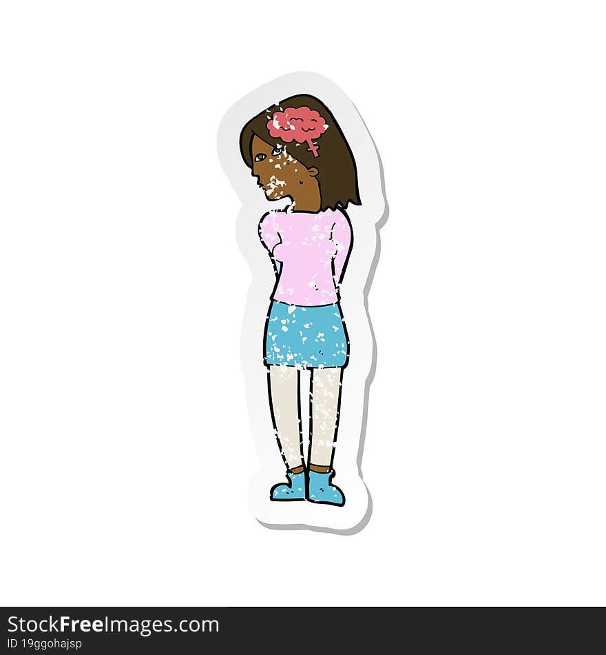 retro distressed sticker of a cartoon brainy woman