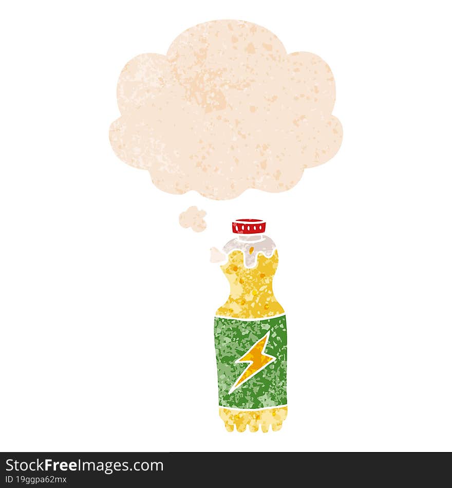 cartoon soda bottle and thought bubble in retro textured style