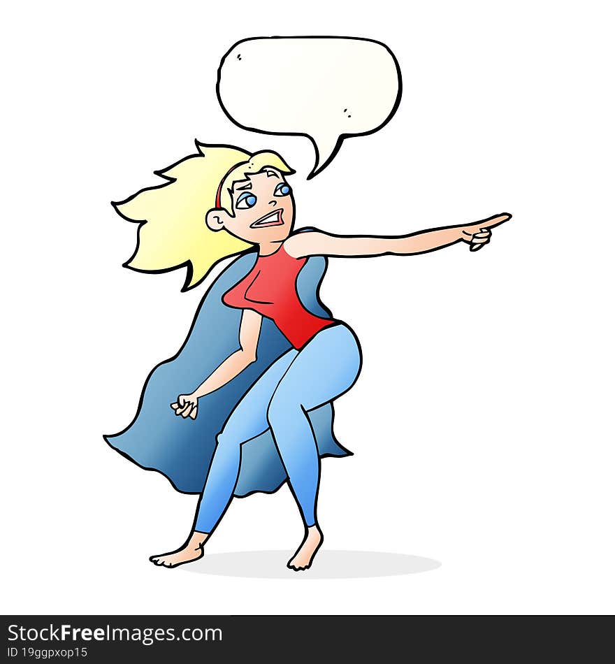 Cartoon Superhero Woman Pointing With Speech Bubble