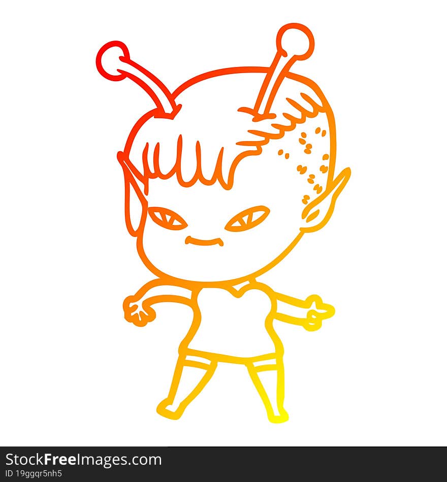 warm gradient line drawing of a cute cartoon alien girl