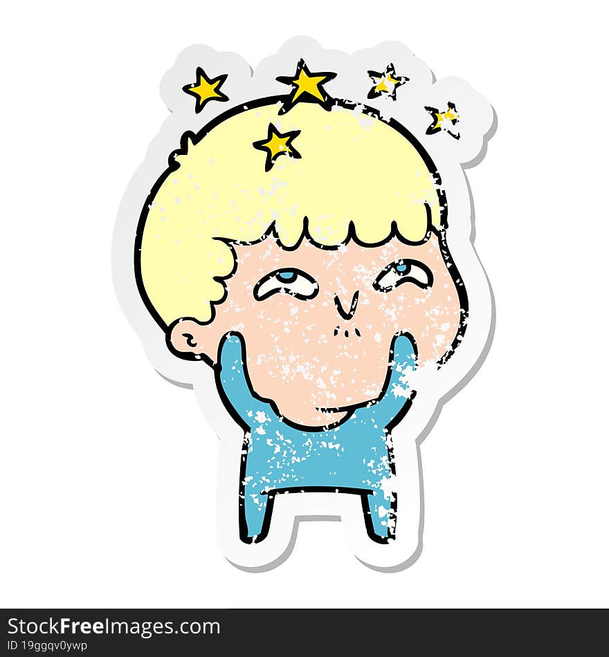 distressed sticker of a cartoon amazed boy