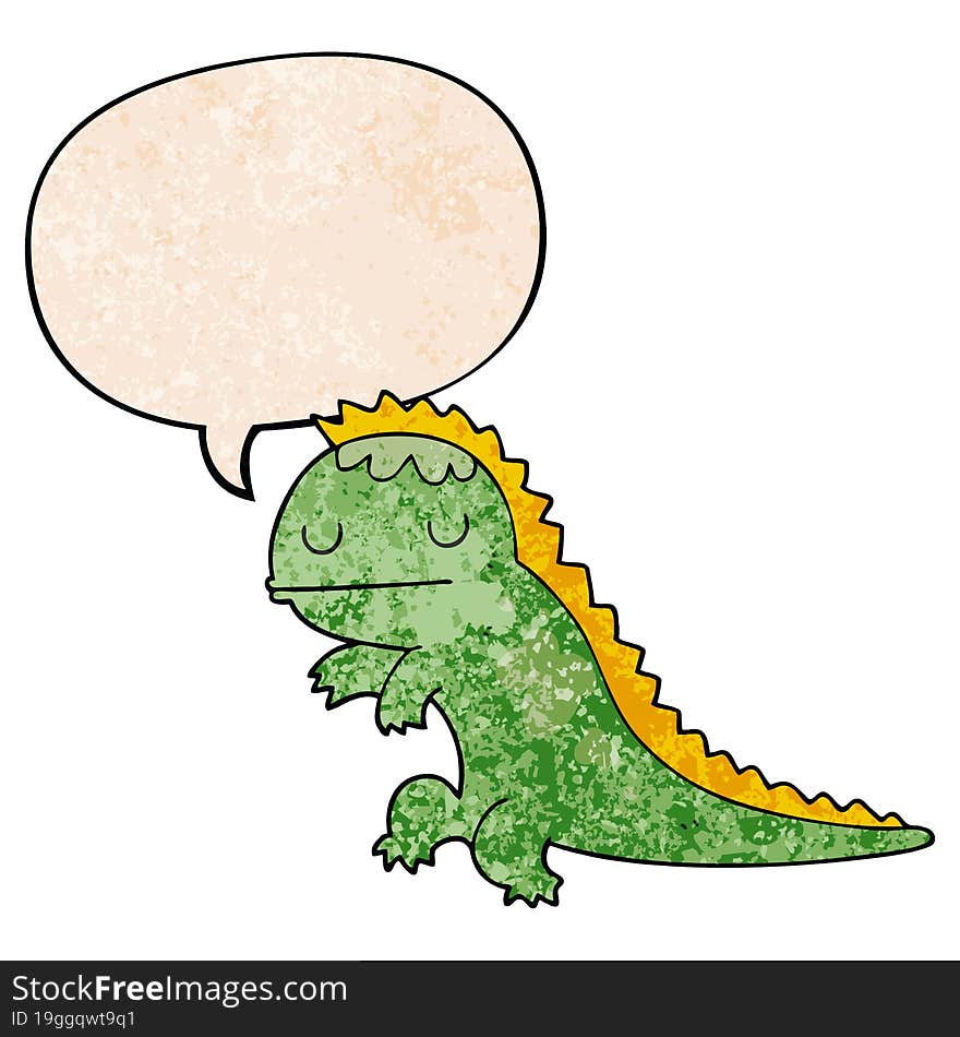 cartoon dinosaur and speech bubble in retro texture style