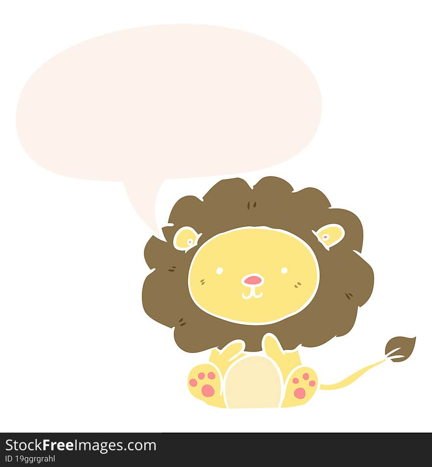 cute cartoon lion and speech bubble in retro style