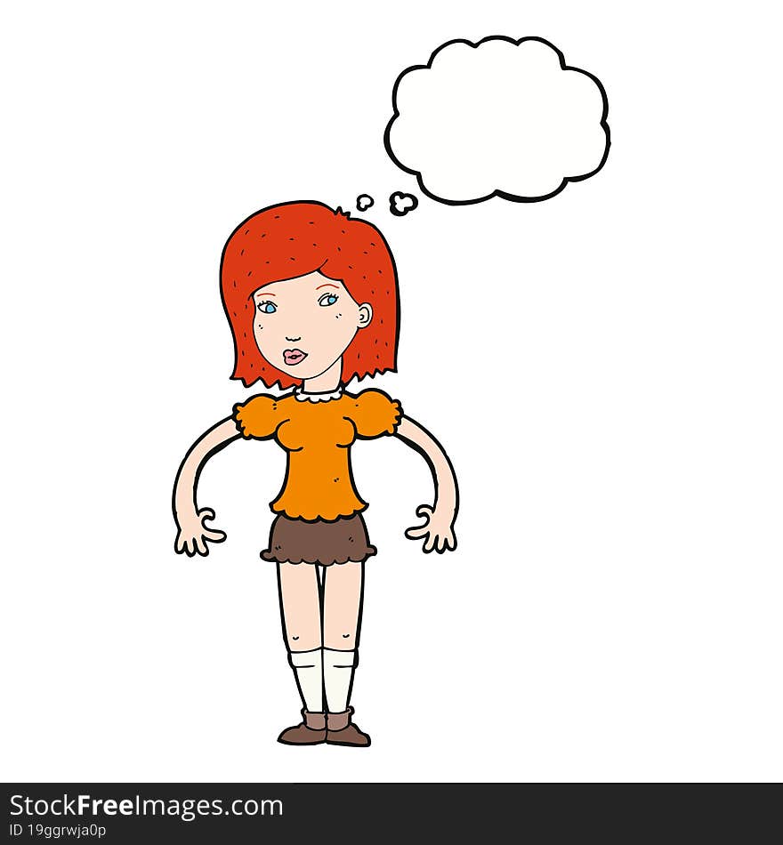 cartoon woman looking sideways with thought bubble