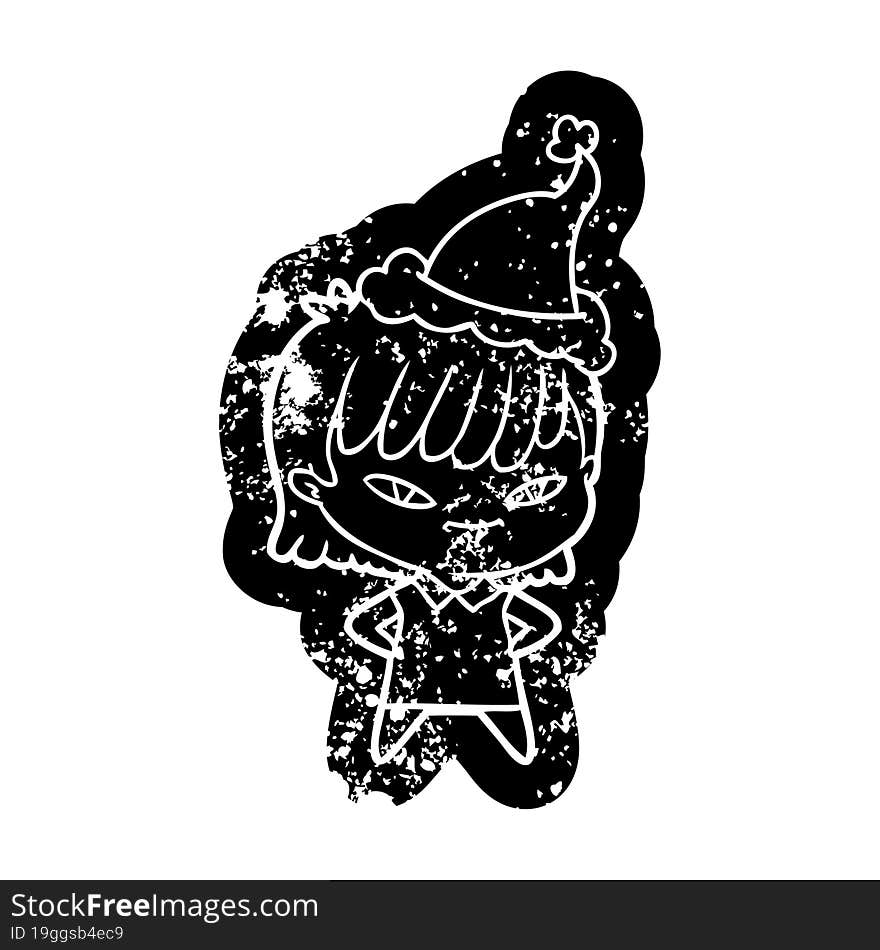 quirky cartoon distressed icon of a woman wearing santa hat