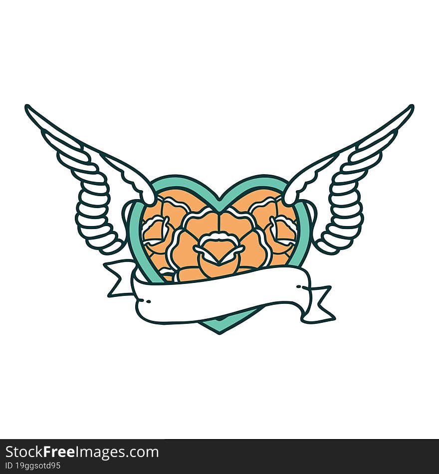 Tattoo Style Icon Of A Flying Heart With Flowers And Banner