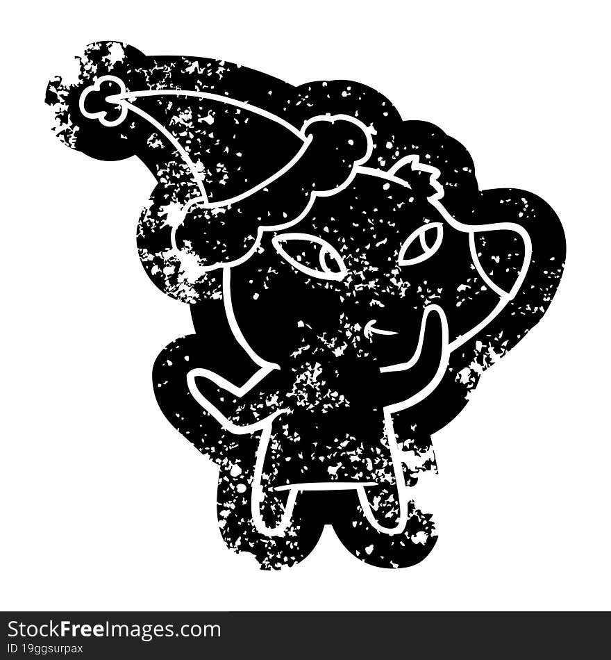 cute cartoon distressed icon of a bear wearing santa hat