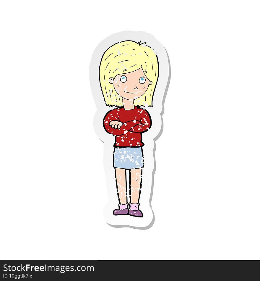 retro distressed sticker of a cartoon friendly girl rolling eyes