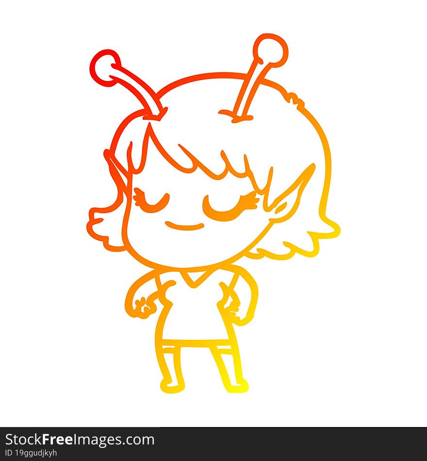 Warm Gradient Line Drawing Smiling Alien Girl Cartoon