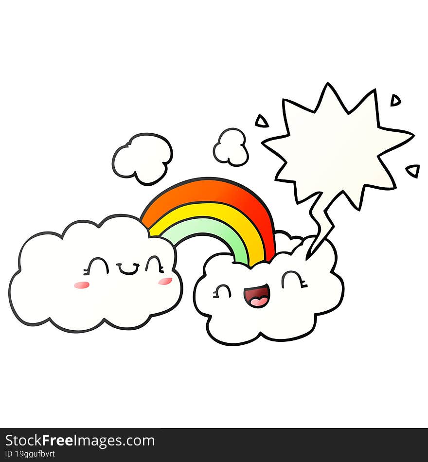 happy cartoon clouds and rainbow and speech bubble in smooth gradient style