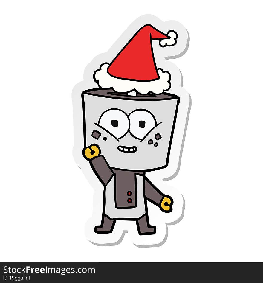 happy sticker cartoon of a robot waving hello wearing santa hat