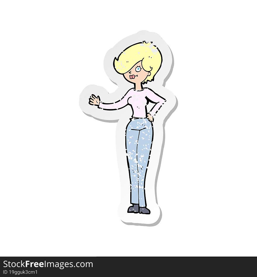 retro distressed sticker of a cartoon woman waving