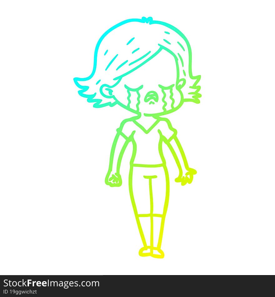 cold gradient line drawing of a cartoon girl crying