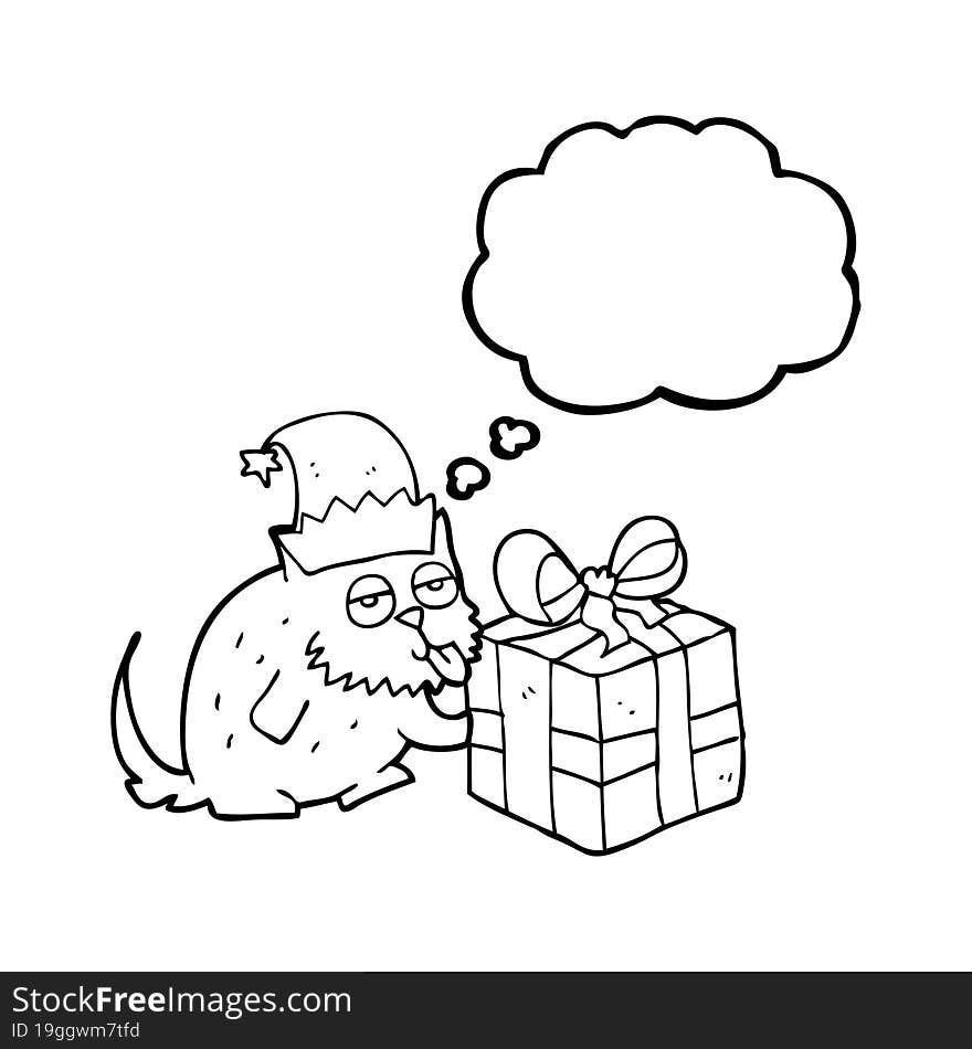 thought bubble cartoon cat with present