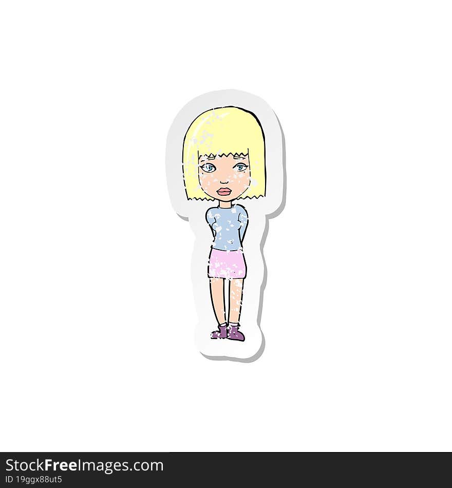 retro distressed sticker of a cartoon serious girl