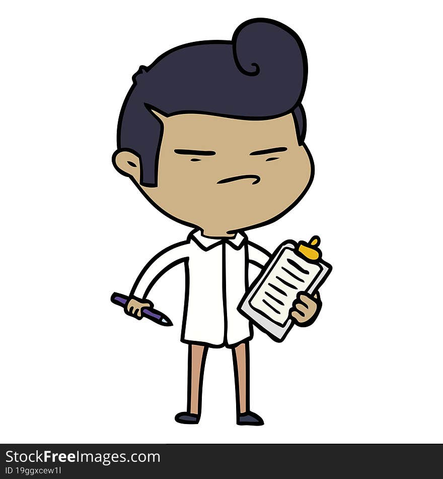 cartoon cool guy with fashion hair cut and clip board. cartoon cool guy with fashion hair cut and clip board