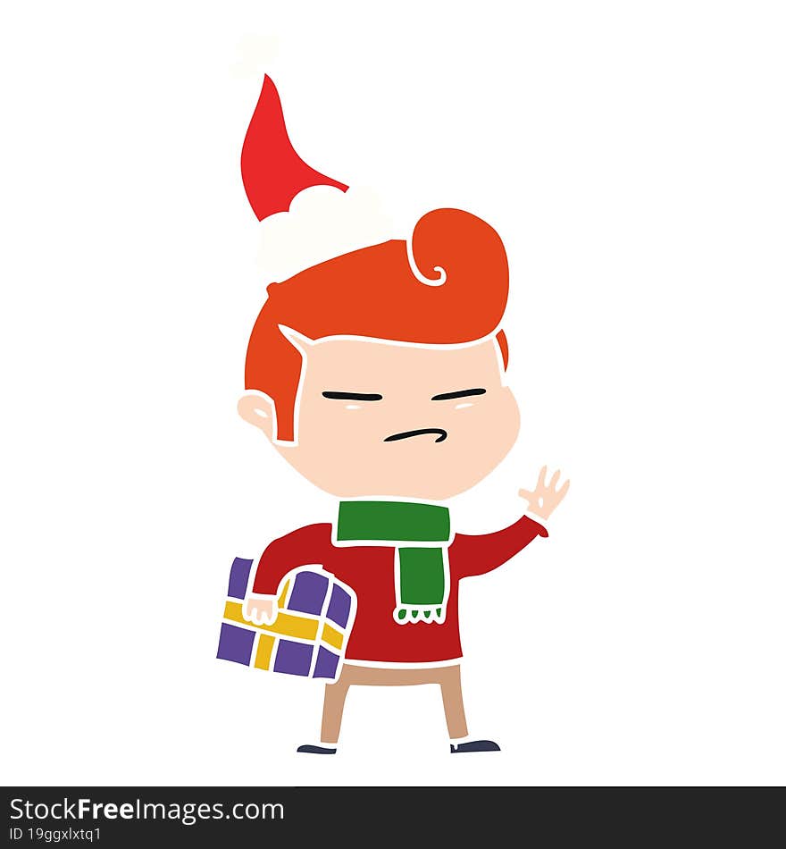 flat color illustration of a cool guy with fashion hair cut wearing santa hat