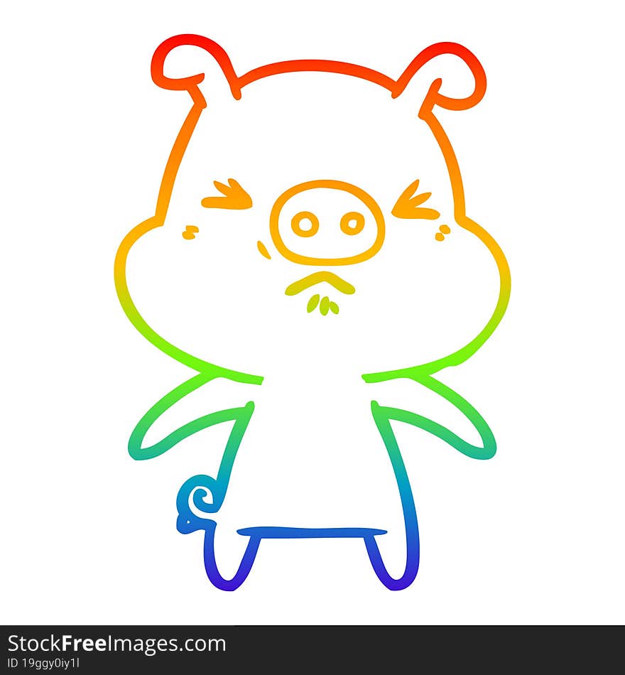 rainbow gradient line drawing of a cartoon angry pig