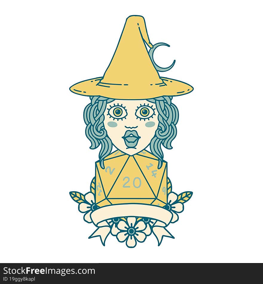 Retro Tattoo Style human witch with natural twenty dice roll. Retro Tattoo Style human witch with natural twenty dice roll