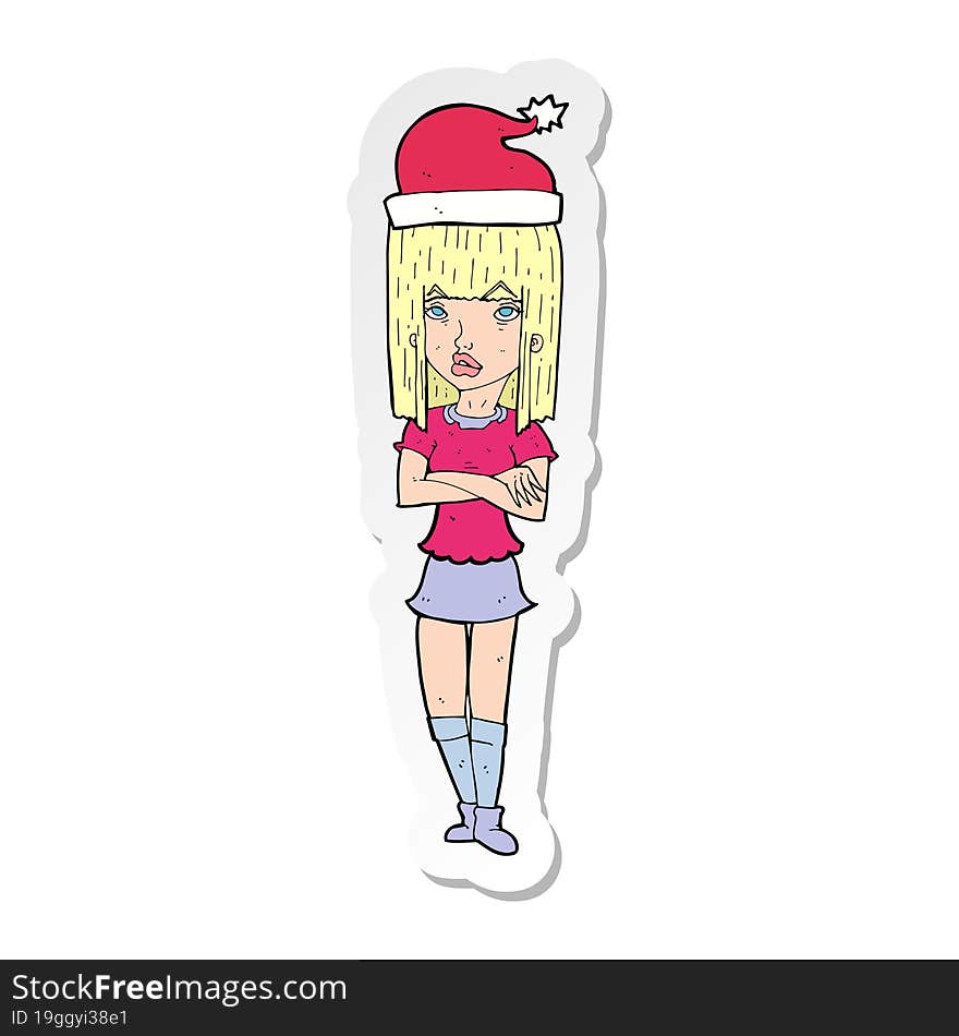 Sticker Of A Cartoon Woman In Christmas Hat