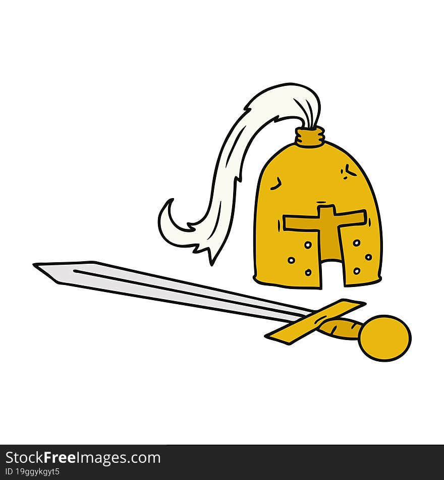 cartoon doodle of a medieval helmet and sword