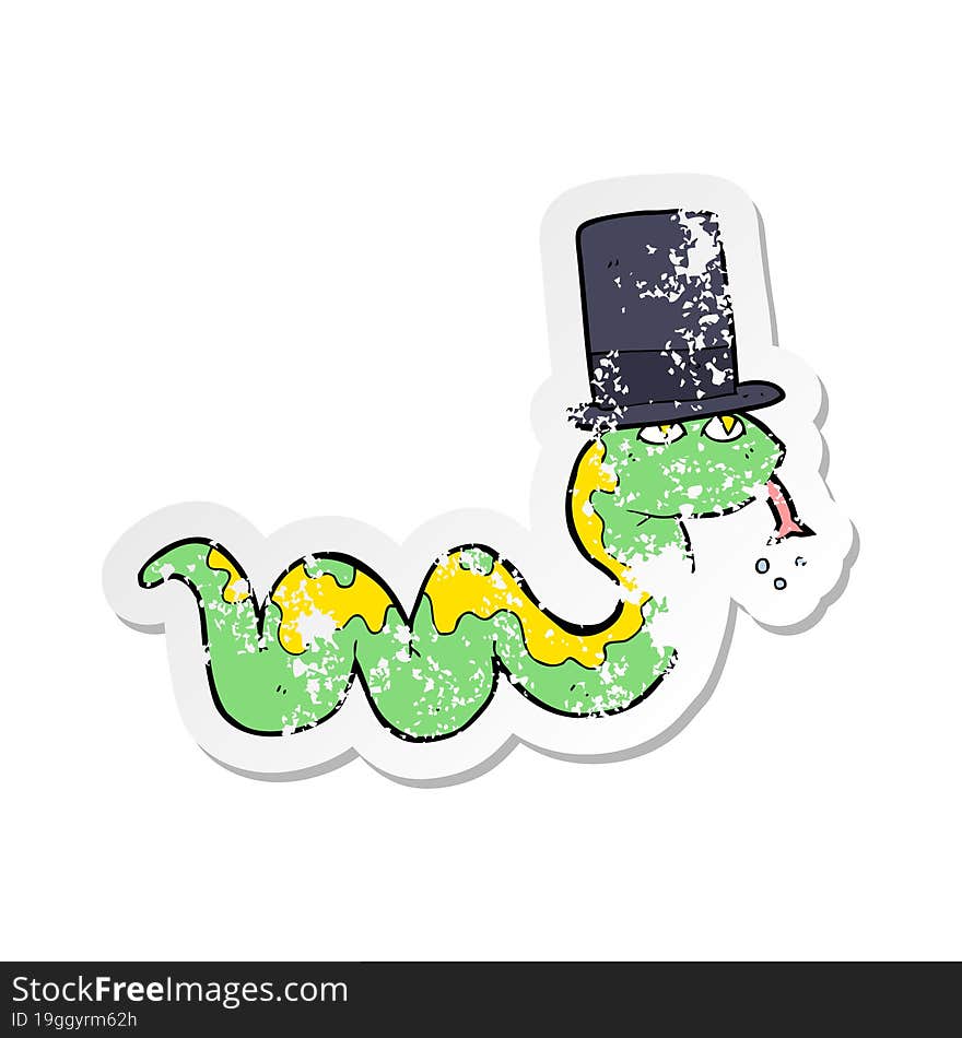 retro distressed sticker of a cartoon snake in top hat