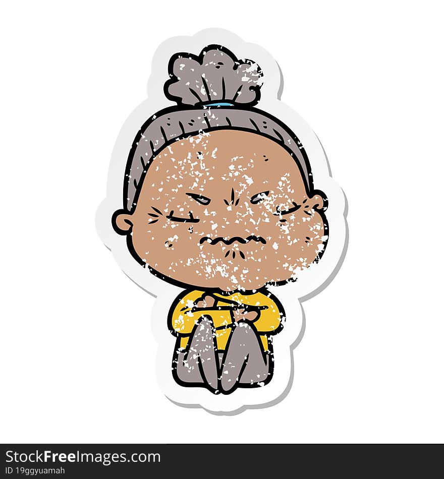 distressed sticker of a cartoon annoyed old lady