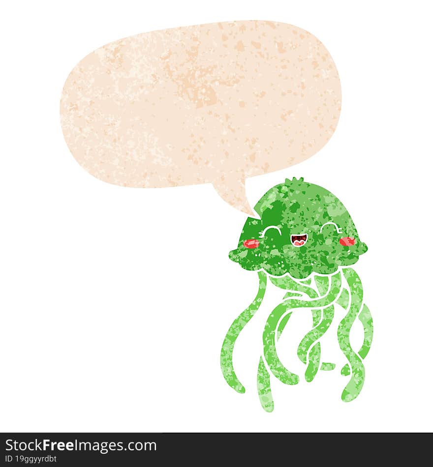 cute cartoon jellyfish and speech bubble in retro textured style