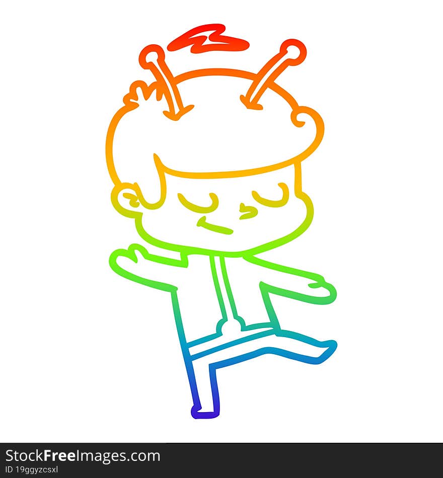 rainbow gradient line drawing of a friendly cartoon spaceman dancing