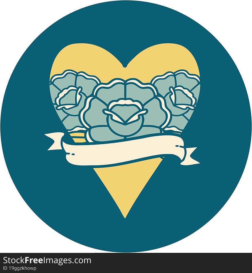 Tattoo Style Icon Of A Heart And Banner With Flowers