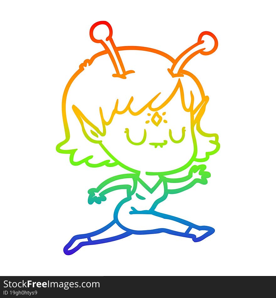 rainbow gradient line drawing of a cartoon alien girl jumping