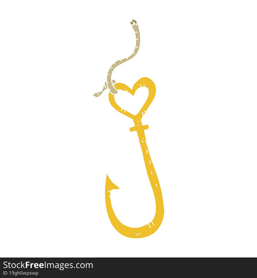 Flat Color Illustration Of A Cartoon Love Heart Fish Hook