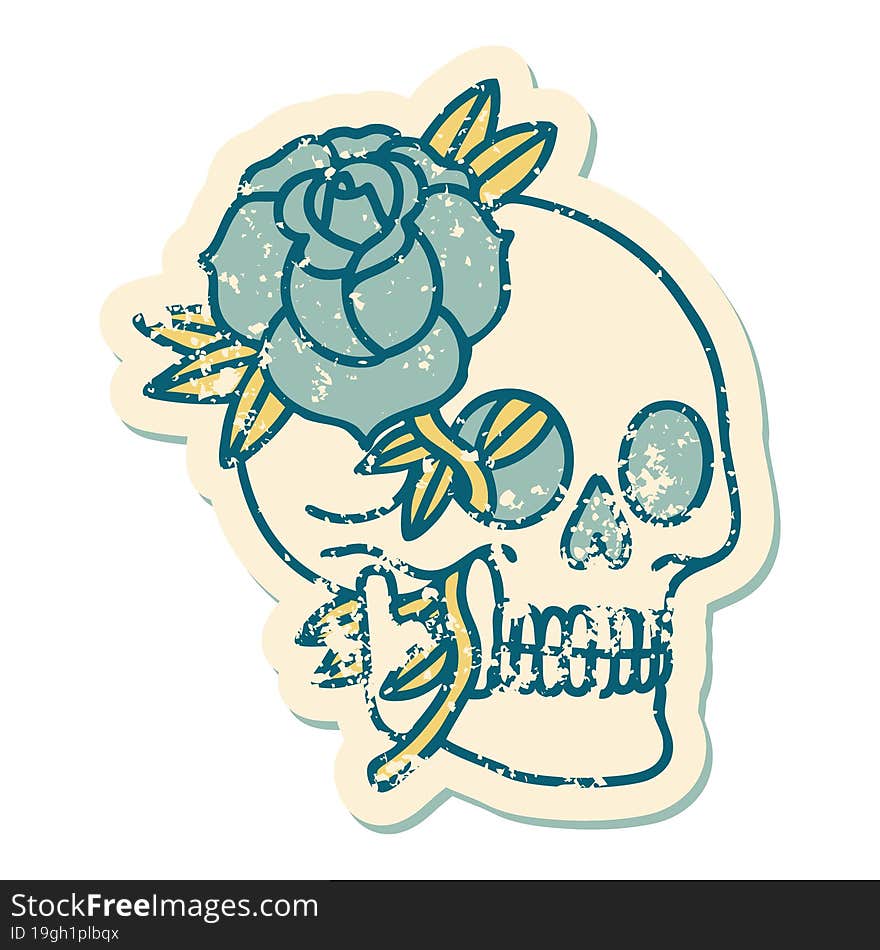 iconic distressed sticker tattoo style image of a skull and rose. iconic distressed sticker tattoo style image of a skull and rose