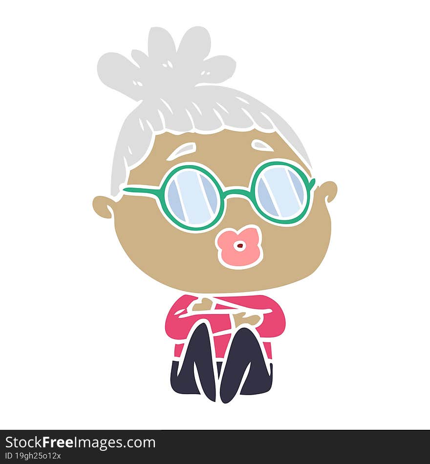 flat color style cartoon sitting woman wearing spectacles