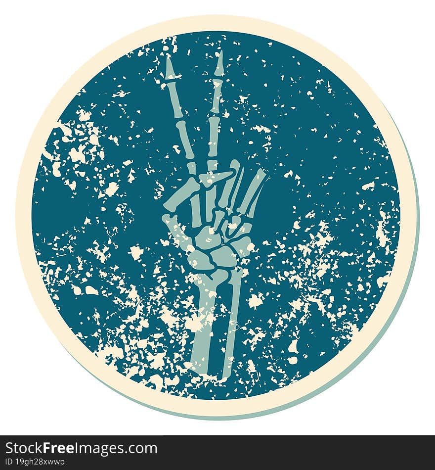 distressed sticker tattoo style icon of a skeleton hand giving a peace sign