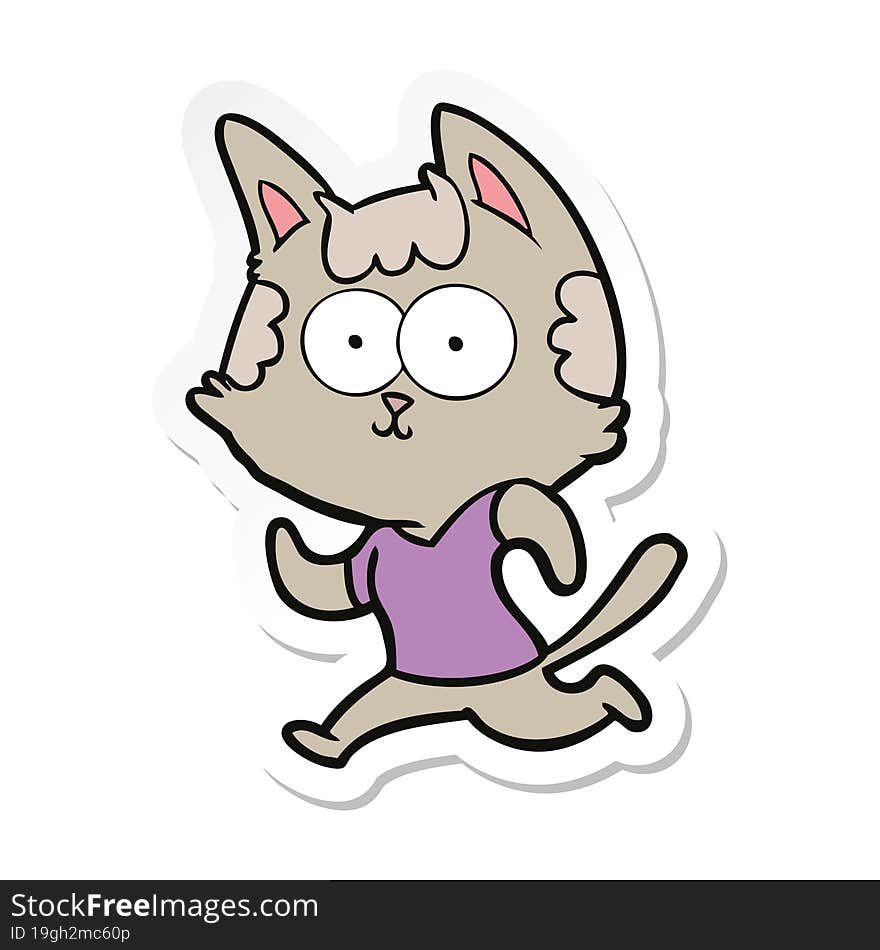 sticker of a happy cartoon cat jogging