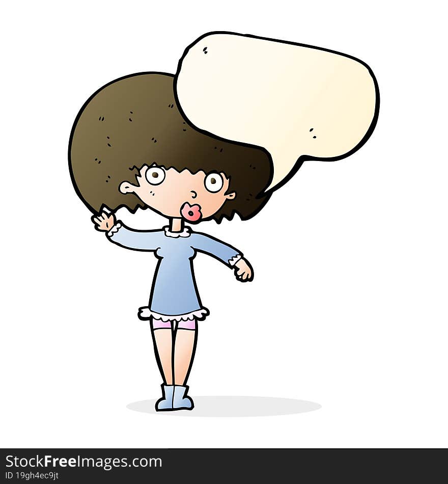 cartoon waving girl with speech bubble