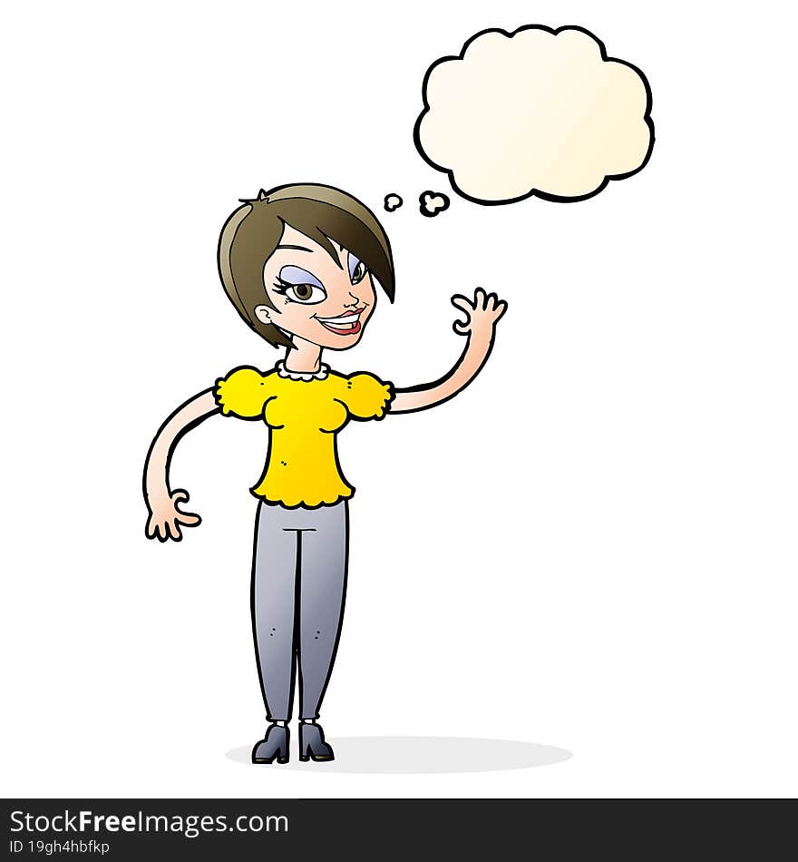 cartoon woman waving with thought bubble