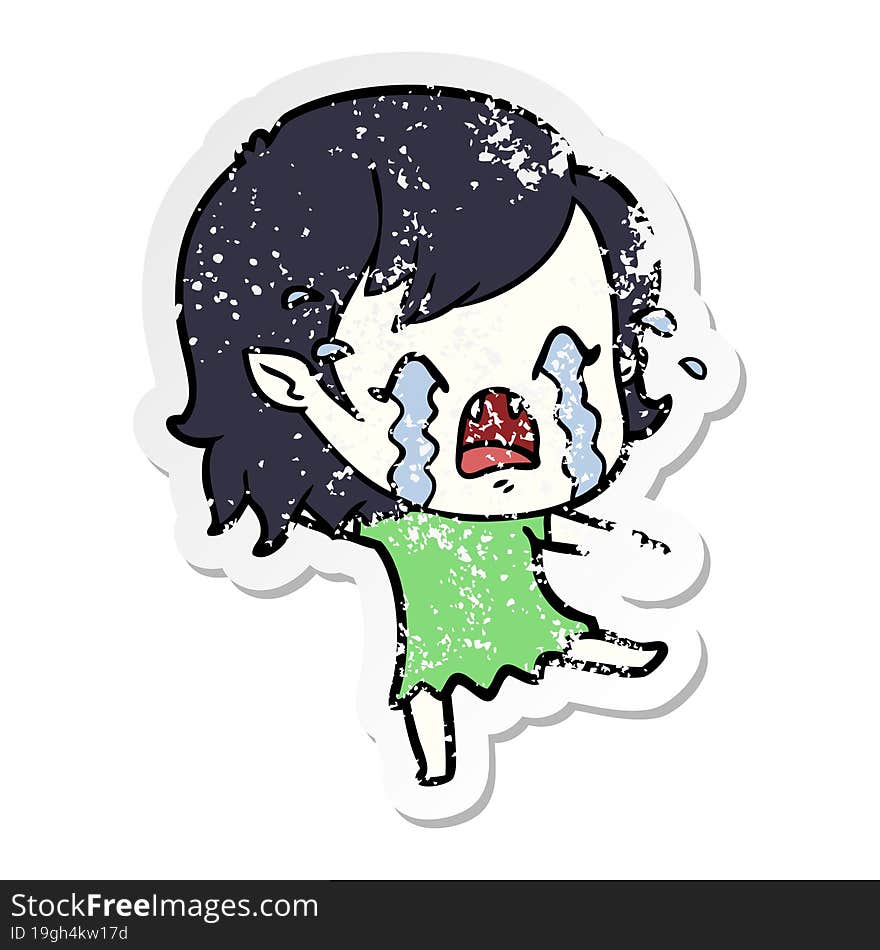 distressed sticker of a cartoon crying vampire girl