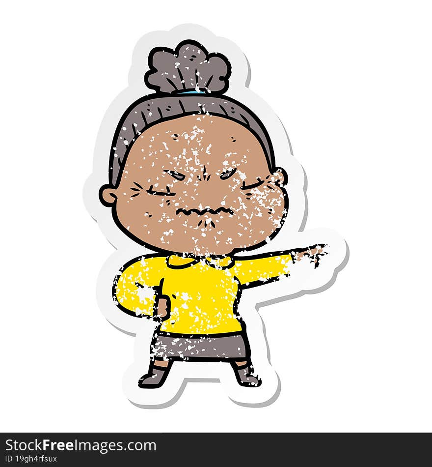 distressed sticker of a cartoon annoyed old lady