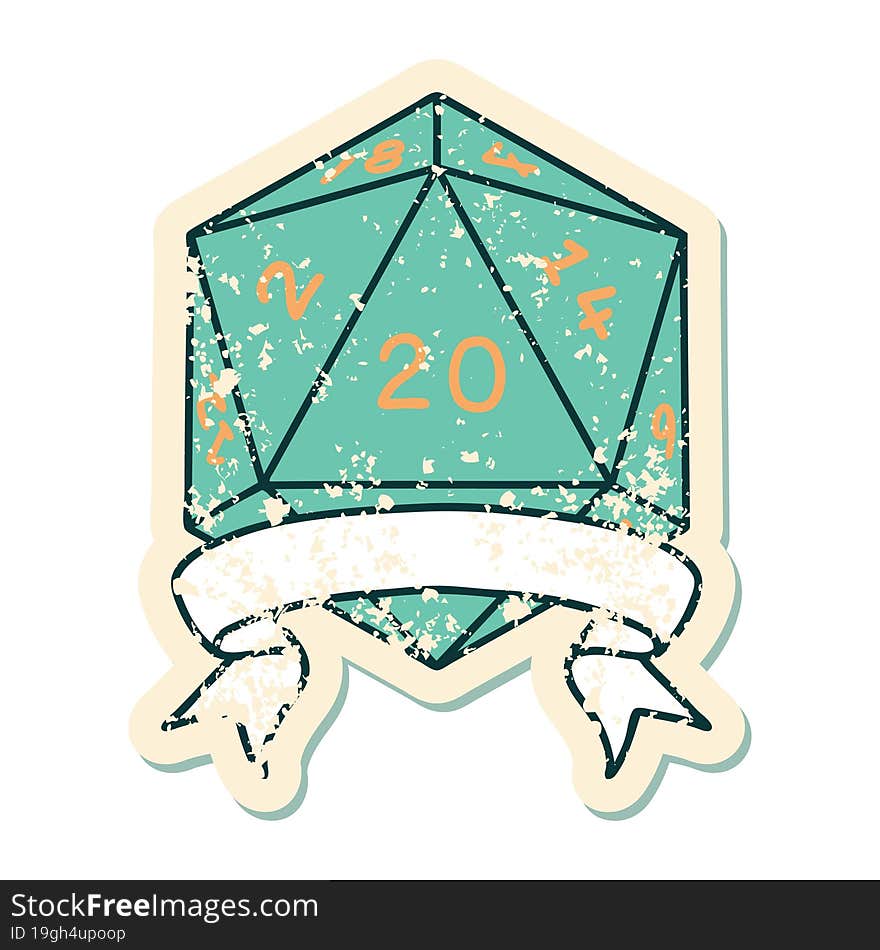 Retro Tattoo Style natural 20 critical hit D20 dice roll. Retro Tattoo Style natural 20 critical hit D20 dice roll