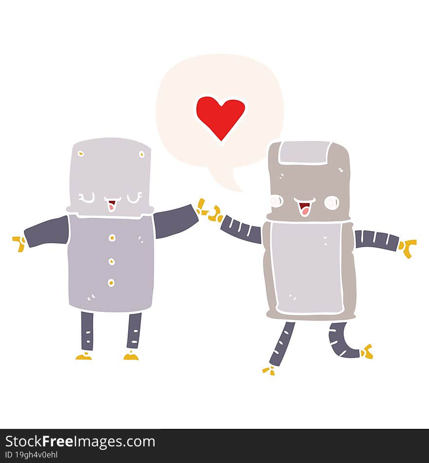 cartoon robots in love and speech bubble in retro style