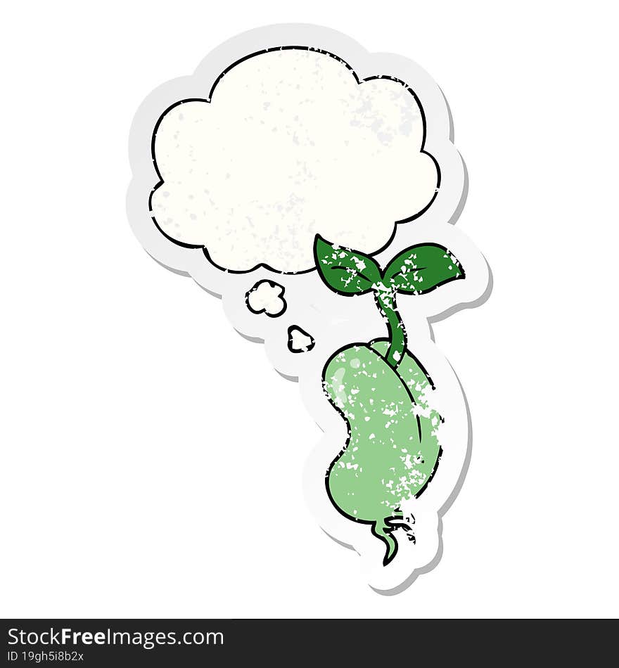 cartoon sprouting seed and thought bubble as a distressed worn sticker