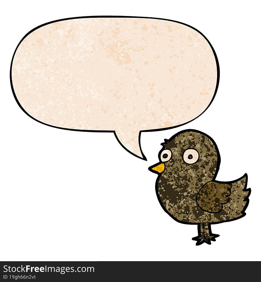 cartoon bird with speech bubble in retro texture style