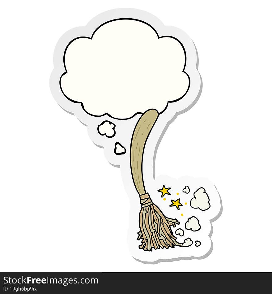 cartoon magic broom with thought bubble as a printed sticker