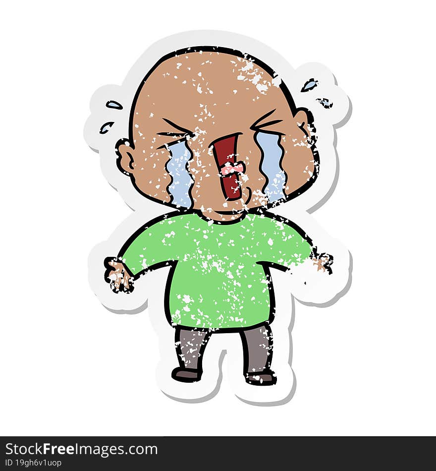 distressed sticker of a cartoon crying bald man